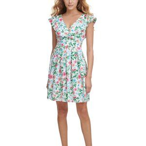 Kensie Ruffled Crisscross Back With Cutout Floral Sleeveless V Neck Dress